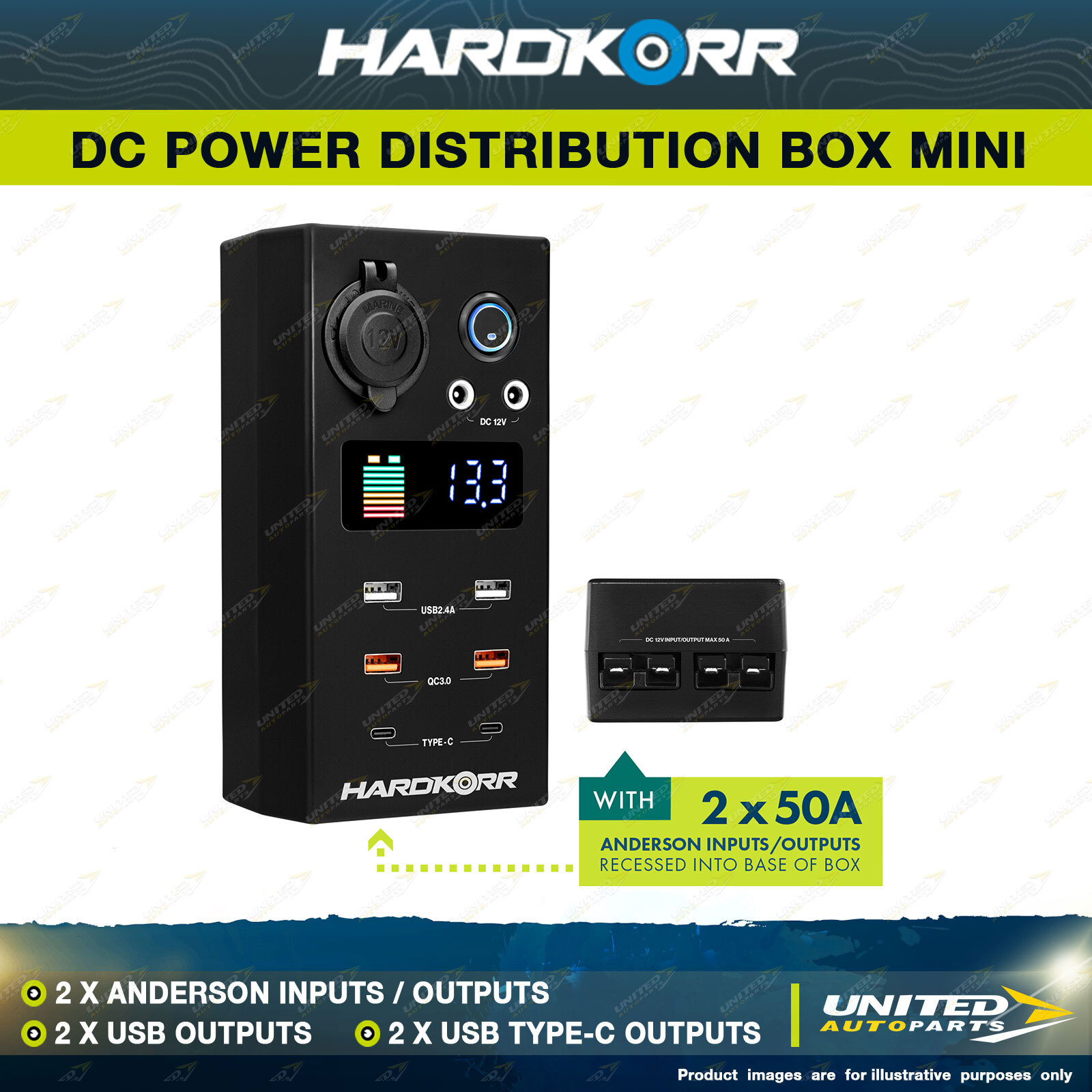 Hardkorr Mini 12v Dc Power Distribution Box 2 X Anderson Inputs Outputs 