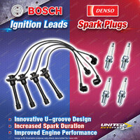 Bosch Ignition Leads + 4 x Denso Iridium Power Spark Plugs for Holden Nova LG