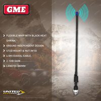 GME 380mm 2.1DBI Gain Flexible Antenna - with Black Heat Shrink Stud Mount & Nut