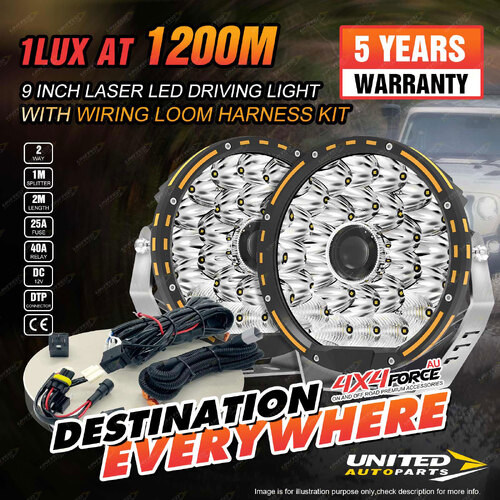 9Inch Laser LED Driving Osram Spot Lights Round Headlights + Wiring Loom Harness