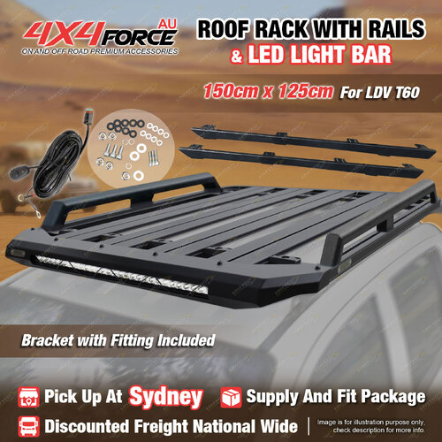 150x125cm Alloy Roof Rack Flat Platform with Light Bar & Rails for LDV T60 SYD