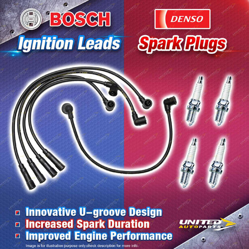 Bosch Ignition Leads + 4 x Denso Iridium Power Spark Plugs for Ford Laser KF KH