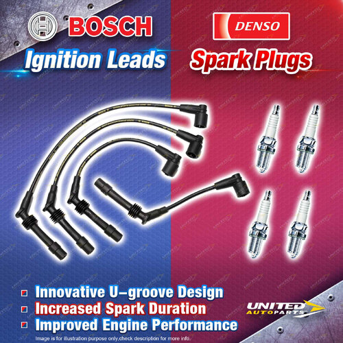 Bosch Ignition Leads + 4 x Denso Iridium Power Spark Plugs for Holden Barina SB