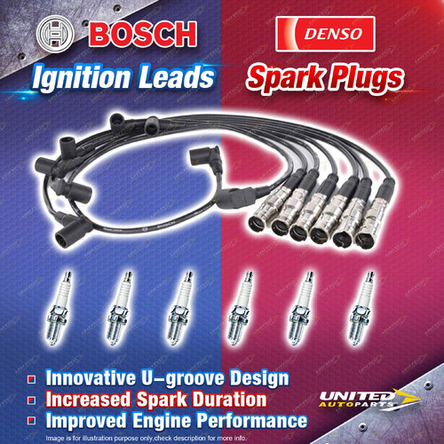 Bosch Leads + 6 Denso Iridium TT Spark Plugs for Mercedes Benz 300E Heat Shields