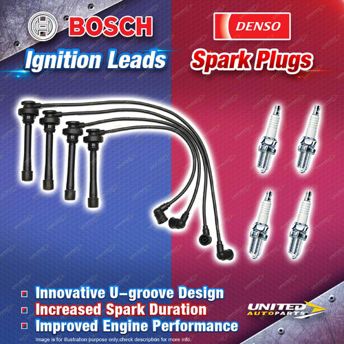 Bosch Leads + 4x Denso Iridium TT Spark Plugs for Mitsubishi Lancer CC Nimbus UF