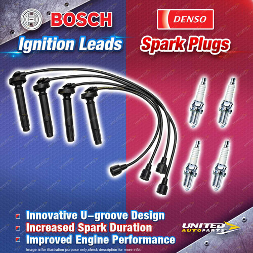 Bosch Ignition Leads + 4 x Denso TT Spark Plugs for Subaru Forester SF SF5 2.0L