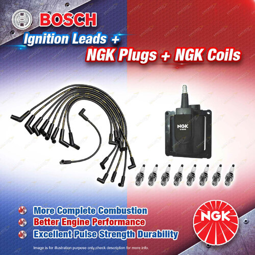 NGK Spark Plugs Coil + Bosch Leads Kit for Ford LTD DF DL 5.0L V8 OHV MPFI 16V