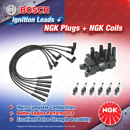 NGK Spark Plugs Coil + Bosch Leads Kit for Ford LTD AUII Y 4.0L 6Cyl 12V 168kW