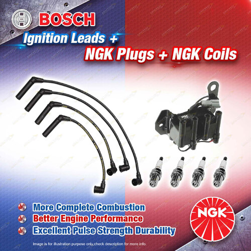 NGK Spark Plugs Coil + Bosch Leads Kit for Hyundai Excel X3 S Coupe 1N G4EK 1.5L