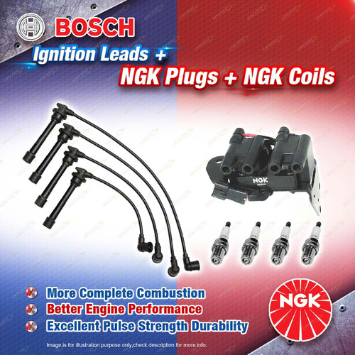 NGK Spark Plugs Coil + Bosch Leads Kit for Hyundai Excel X3 G4FK 1.5L 4Cyl 12V