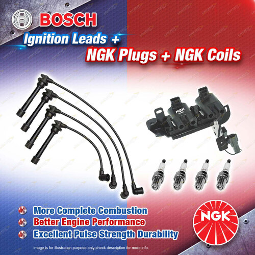 NGK Spark Plugs Coil + Bosch Leads Kit for Kia Rio JB G4EE 1.4L 4Cyl 16V 70kW