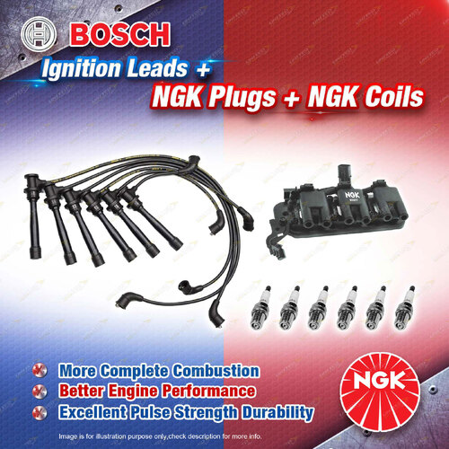 NGK Spark Plugs Coil + Bosch Leads Kit for Kia KM G6BA 2.7L V6 DOHC MPFI 129kW