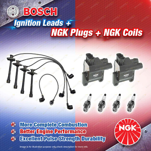 NGK Spark Plugs Coils + Bosch Leads Kit for Toyota Rav4 SXA10R 3SFE 2.0L 4Cyl