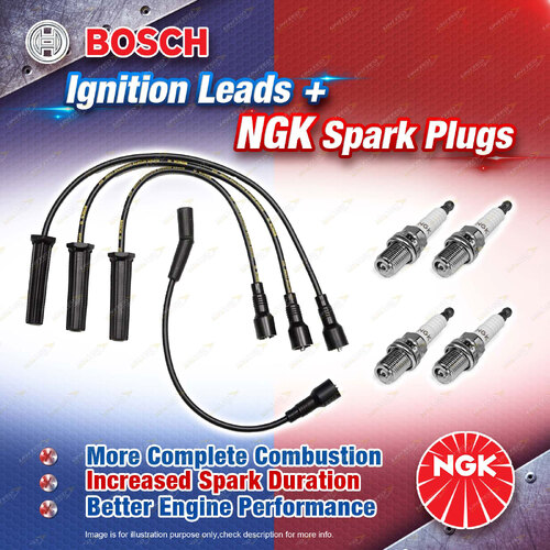 4x NGK Spark Plugs + Bosch Ignition Leads Kit for Daewoo Kalos T200 Lanos A15SMS