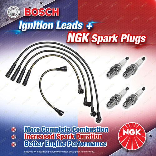 4 x NGK Spark Plugs + Bosch Ignition Leads Kit for Ford Laser KC E3 I4 1.3L 49KW