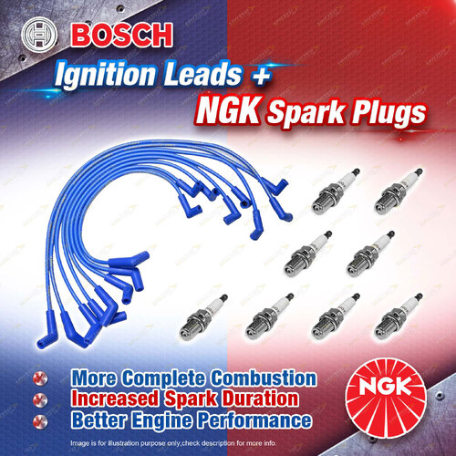 8 NGK Spark Plugs + Bosch Motorsport Leads for Ford Fairlane NC NF NL LTD DC DL