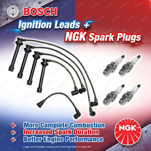 4 x NGK Spark Plugs + Bosch Ignition Leads for Nissan Bluebird U13 BBAU13 2.4