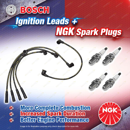 4 x NGK Spark Plugs + Bosch Ignition Leads Kit for Nissan Pintara U12 2.4L 96KW