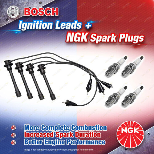 4 x NGK Spark Plugs + Bosch Ignition Leads Kit for Toyota Landcruiser RZJ95 LPG