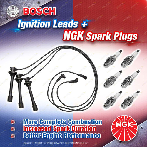 6 x NGK Spark Plugs + Bosch Leads for Toyota Hilux VZN185 Landcruiser VZJ95 LPG