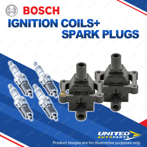 Bosch 4 Spark Plugs+2 Ignition Coils for Mercedes Benz CLK230K A208 SLK230 R170