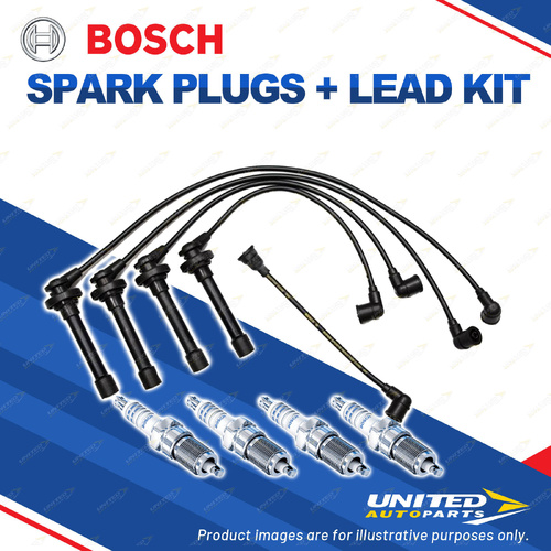 Bosch 4 Spark Plugs+Lead Kit for Nissan AD Avenir Lucino Presea Pulsar Wingroad