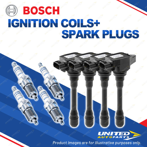 Bosch 4 Spark Plugs+4 Ignition Coils for Nissan X-Trail T30 TBNT30 2.5L I4 01-06