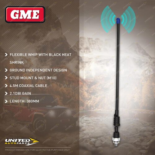 GME 380mm 2.1DBI Gain Flexible Antenna - with Black Heat Shrink Stud Mount & Nut