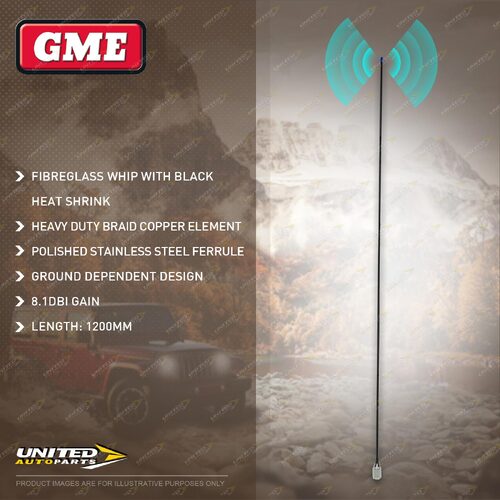 GME 1200mm Antenna Whip (8.1DBI Gain) - Fibreglass Whip with Black Heat Shrink