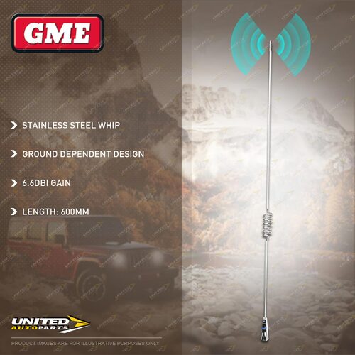 GME 600mm 6.6DBI Gain Stainless Steel UHF CB Antenna Whip -4WD Offroad AE-SS4007