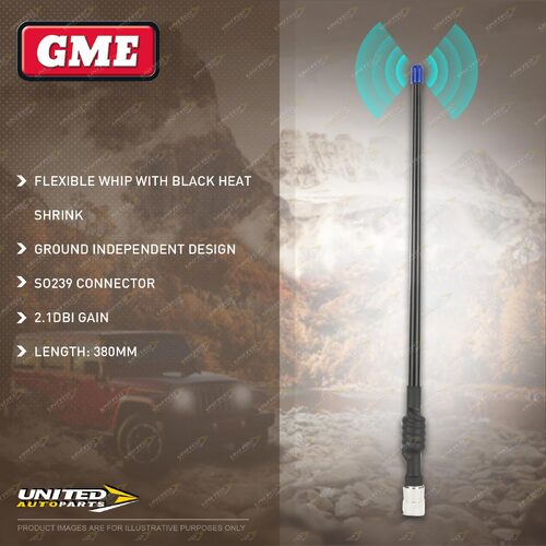 GME 380mm Flexible Antenna (2.1DBI Gain) - Flexible Whip with Black Heat Shrink