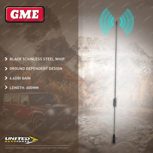 GME 600mm Antenna Whip (6.6DBI Gain) - Black Stainless Steel Whip AE-SS4017