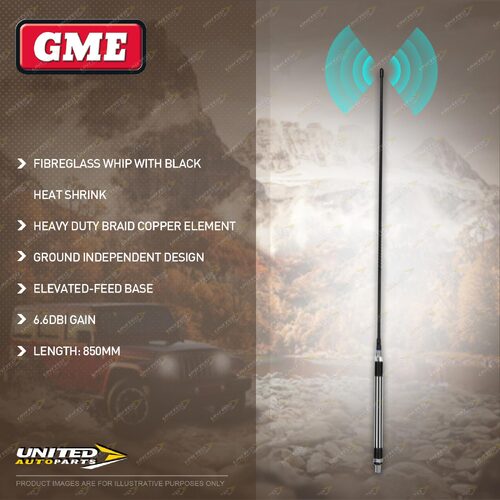 GME 850mm 6.6DBI Elevated-Feed Antenna - Fibreglass Whip with Black Heat Shrink