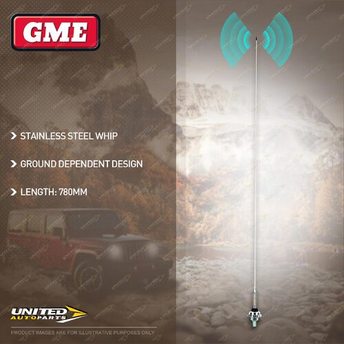 GME 780mm Stainless Steel AM/FM Antenna Inc Whip Base Cable AEM-SS4