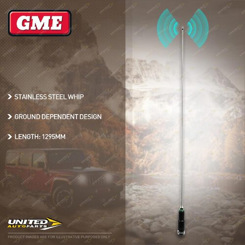 GME 1295mm Stainless Steel AM/FM Antenna Inc Whip Base Cable & Plug AEM-SS5