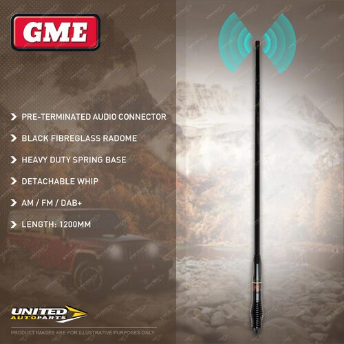 GME 1200mm Black Fibreglass Radome AM/FM Antenna with Heavy Duty Spring Base