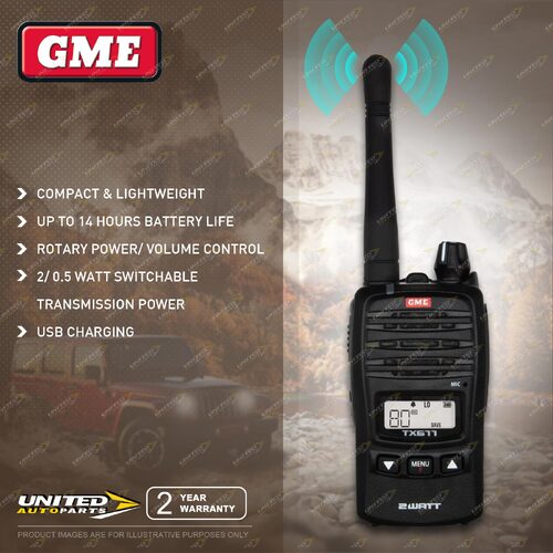 GME 2 Watt UHF CB Handheld Radio USB Charging Up to 14 Hours Battery Life