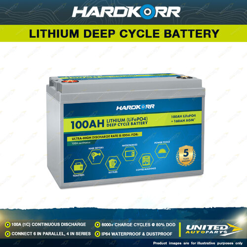 Hardkorr 100Ah Lithium LiFePO4 Deep Cycle Battery - IP64 Waterproof & Dustproof