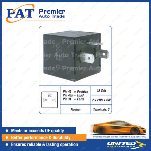 PAT 12 Volt 3 Terminals Flasher Relay - 2 x 21W & 4W Pin 49 & 49a & 31