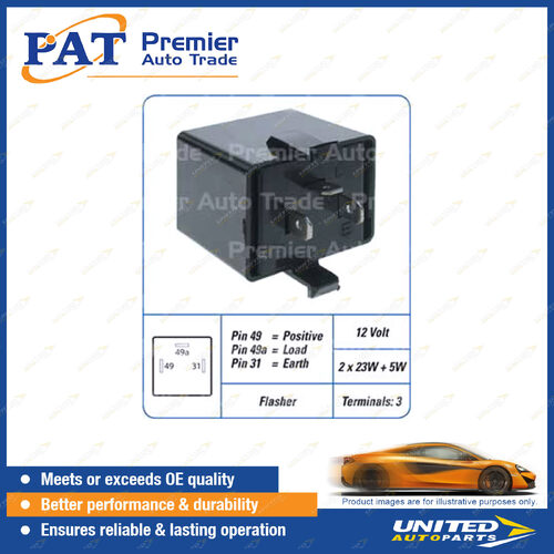 PAT 12 Volt Relay - 2 x 23W & 5W 3 Terminals Pin 49 & 49a & 31 Flasher Relay