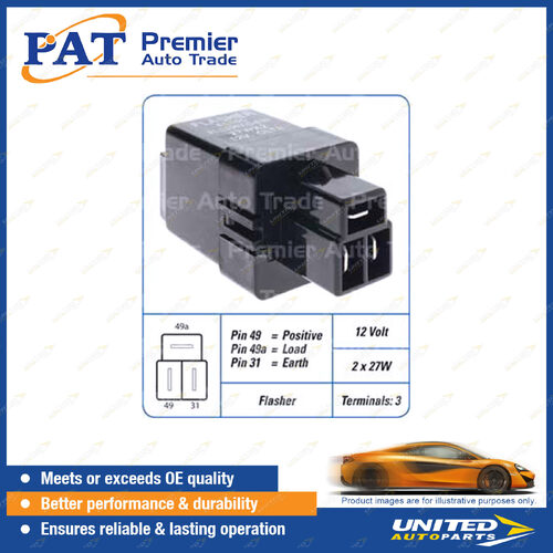 PAT 12 Volt Relay - 3 x 27W 3 Terminals Pin 49 & 49a & 31 Flasher Relay