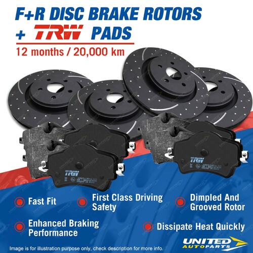 F + R Slotted Brake Rotors TRW Pads for Toyota Prado KZJ RZJ GRJ 120R