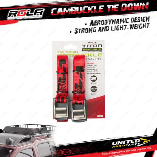 Pair Rola Roof Rack Accessory Cambuckle Tie Down Straps 3.6m x 25mm