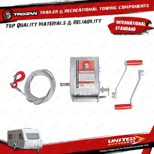 Trojan Trailer Manual Winch 15 : 1 Wide Body 10 Meters Wire D/F Hook